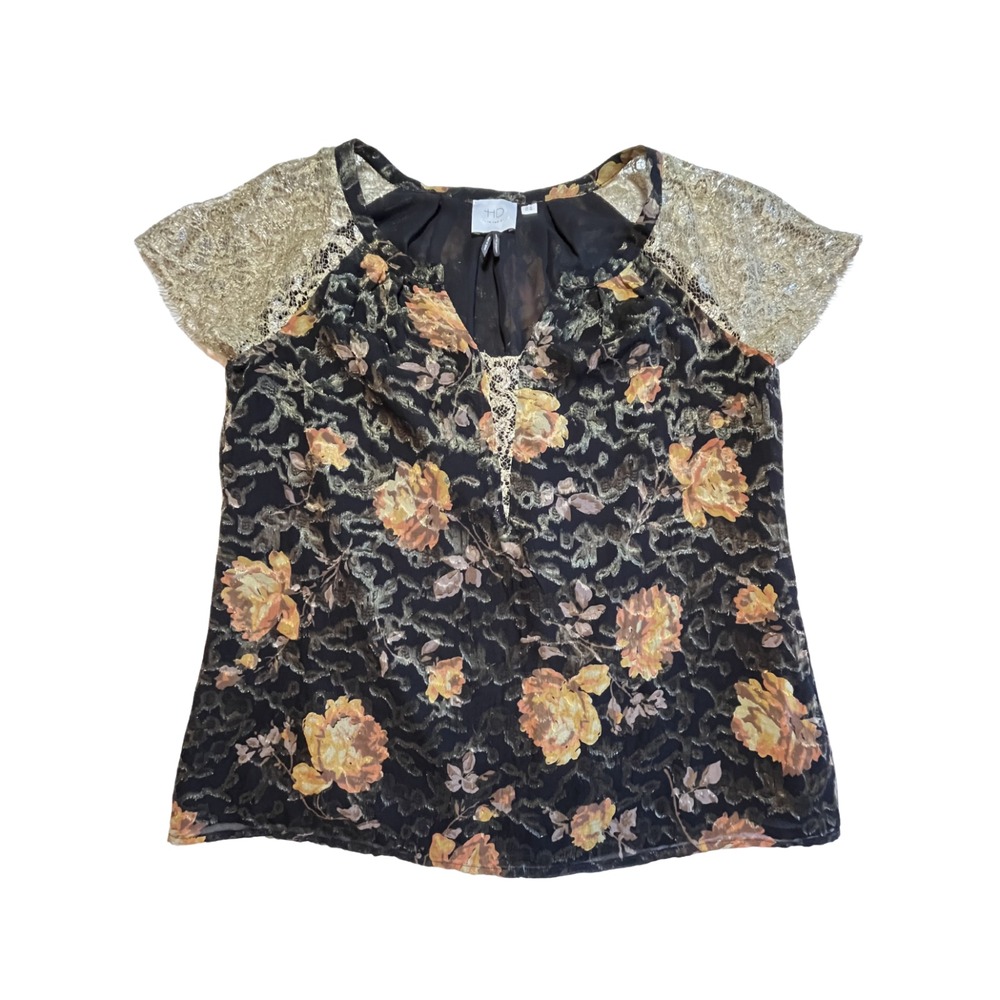 Anthropologie HD in Paris Disa Floral Burnout Blouse S Gold Metallic Lace Sleeve